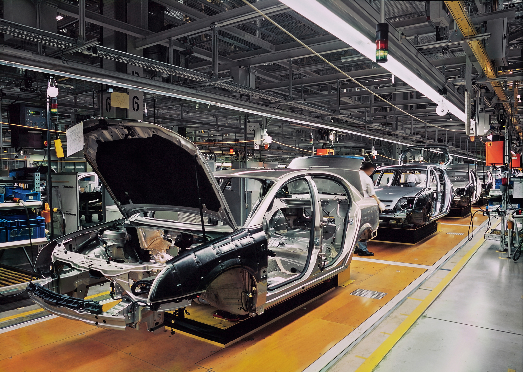 A car production line in an automotive manufacturing plant